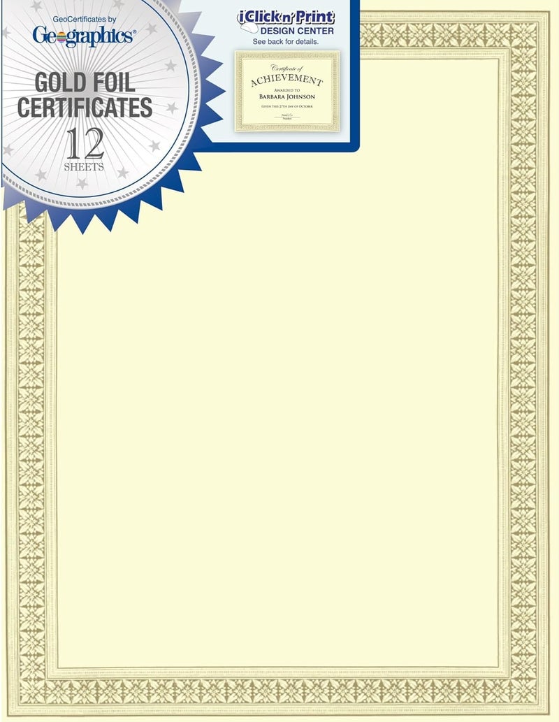 Geographics Foil Certificates, 8-1/2" x 11", Gold Flourish, Pack Of 12 - Image 1